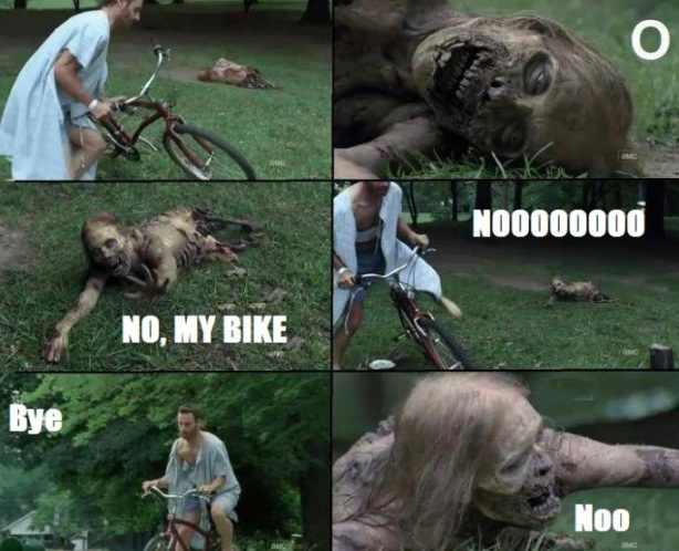 Rick steals a bike from a zombie