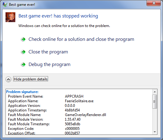 Faerie solitaire windows 7 crash dialog