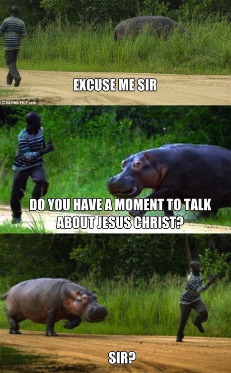 Hippo tries talking to a kenyan about jesus christ