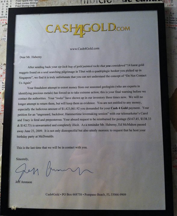 funny letter from cash4gold.com about gold painted rocks