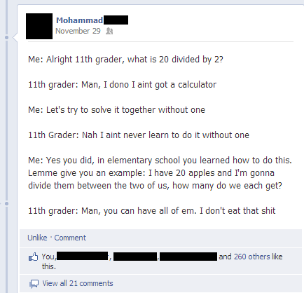 facebook conversation between a teacher and a grade11 student