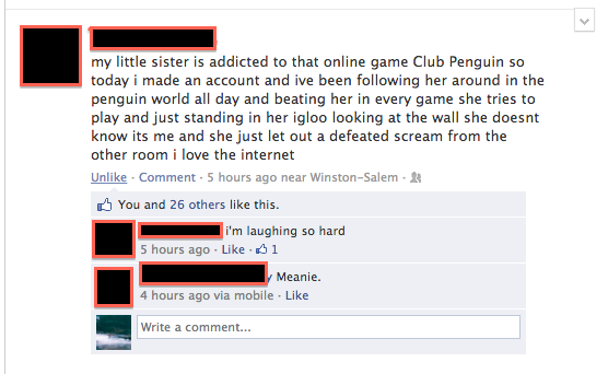 facebook little sister addicted to club penguin trolling