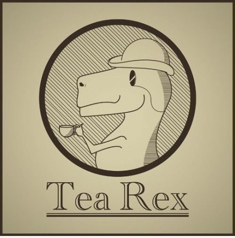 tea rex dinosaur drinking tea with a monocle 