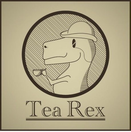 tea rex dinosaur drinking tea with a monocle