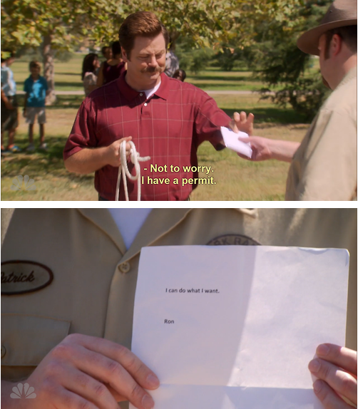 ron swanson shows his permit to the police officer