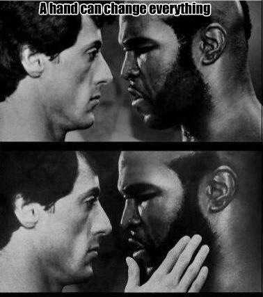 Rocky and Mr.T have a stare down. Suddenly, Rocky feels Mr.T's majestic beard and demands to know the secret behind it.