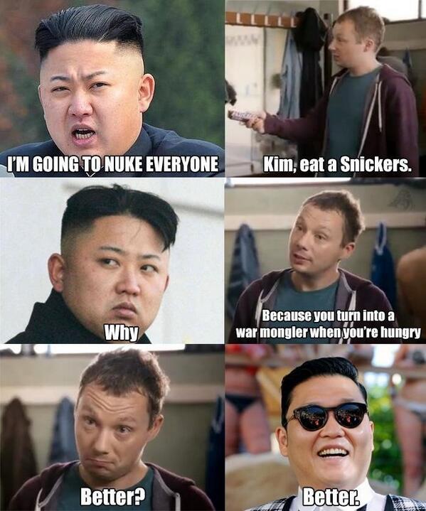 Kim Jong-un is not himself when he's hungry. He eats a snicker bar and turns into PSY.