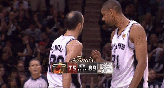Tim Duncan swipes an NBA player's hair and removes his bald spot.