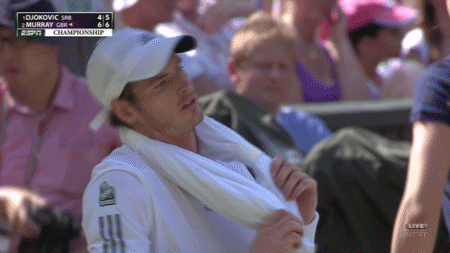 Andy Murray rubs a towel on his neck and feels euphoric and relaxed. He opens his mouth in pure pleasure.
