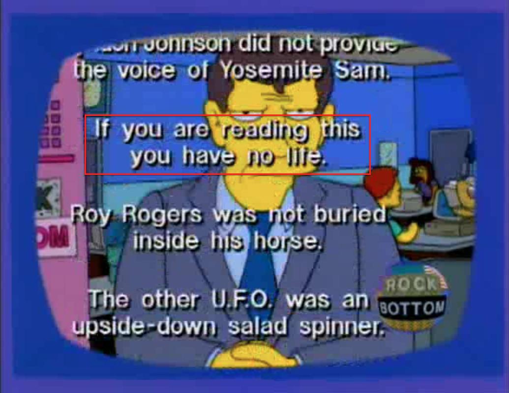 When the fast scrolling text in The Simpsons is paused a sentence reads you have no life if you are reading this.