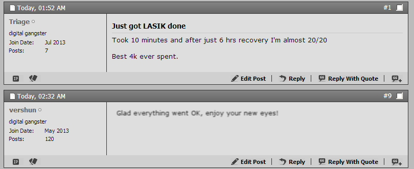 A forum user makes a new thread saying he just got LASIK done and has 20/20 vision. Another user replies with blurry text, thereby causing the LASIK-patient to get worried.