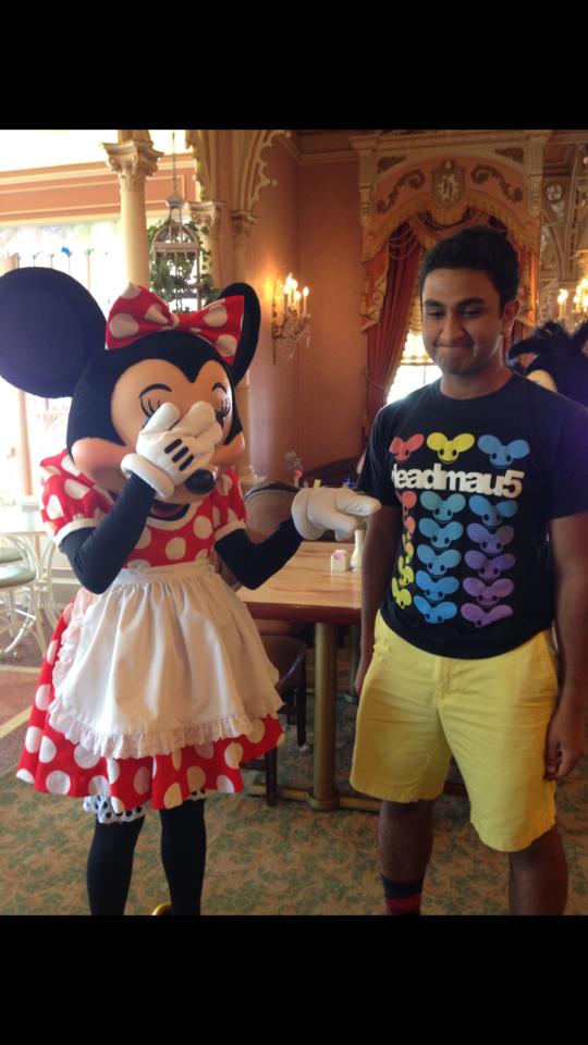 Minnie mouse from Disney Land points at a guy's t-shirt and facepalms. The guy is wearing a deadmau5 shirt.