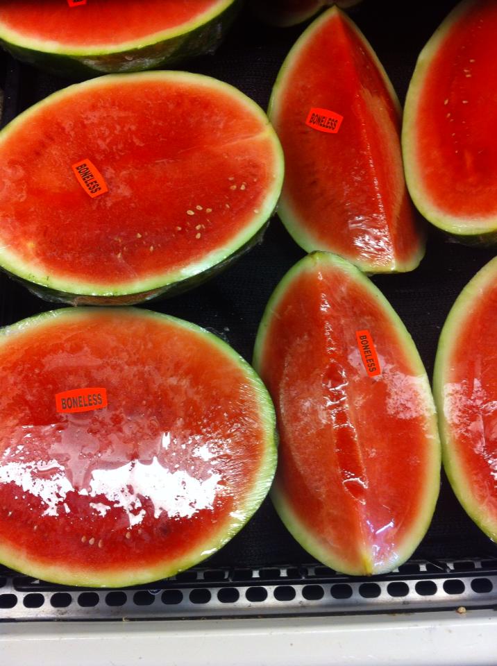 Watermelons with the tag boneless on them.