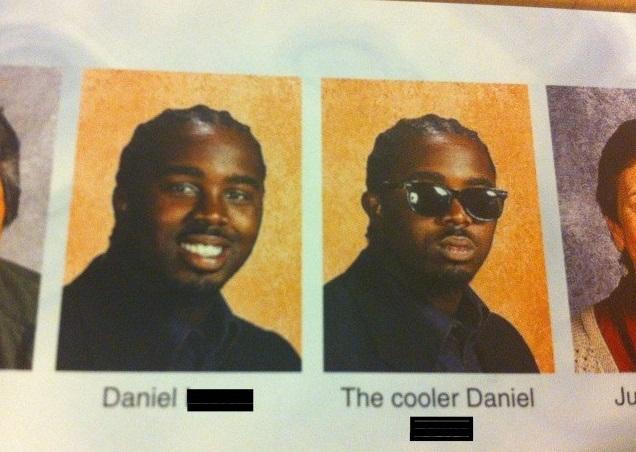 A yearbook photo of two identical people both named Daniel. One of them is smiling while the other has a poker face and is wearing sunglasses.