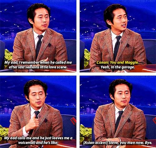 Steven Yeun's dad watches his son make love to the character Maggie in The Walking Dead and leaves voicemail for him saying he has become a man now.