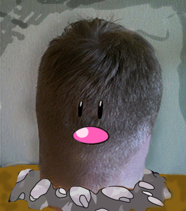 A white diglett with hair emerges from the ground.