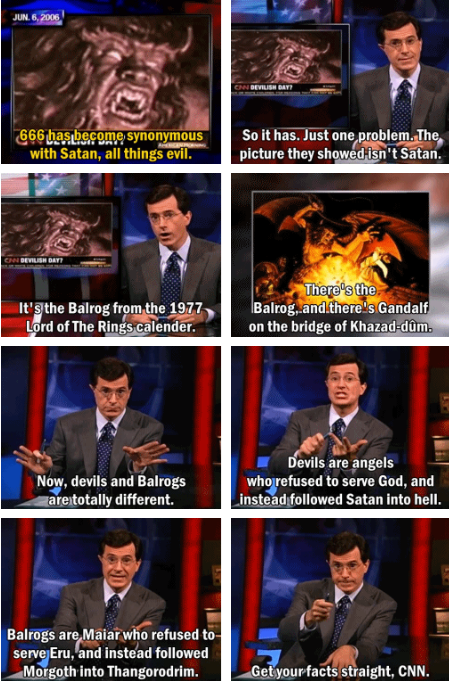 Colbert argues that the picture CNN showed representing Satan isn't actually Satan, but a character from the Lord of the RIngs.