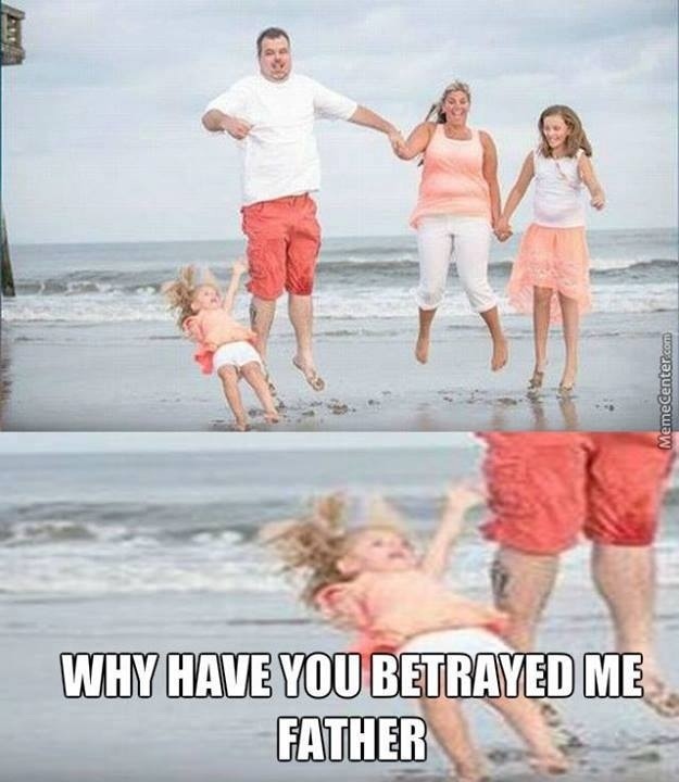 A baby daughter slips out of her father's grasp and falls over when the family tries taking a jumping picture.