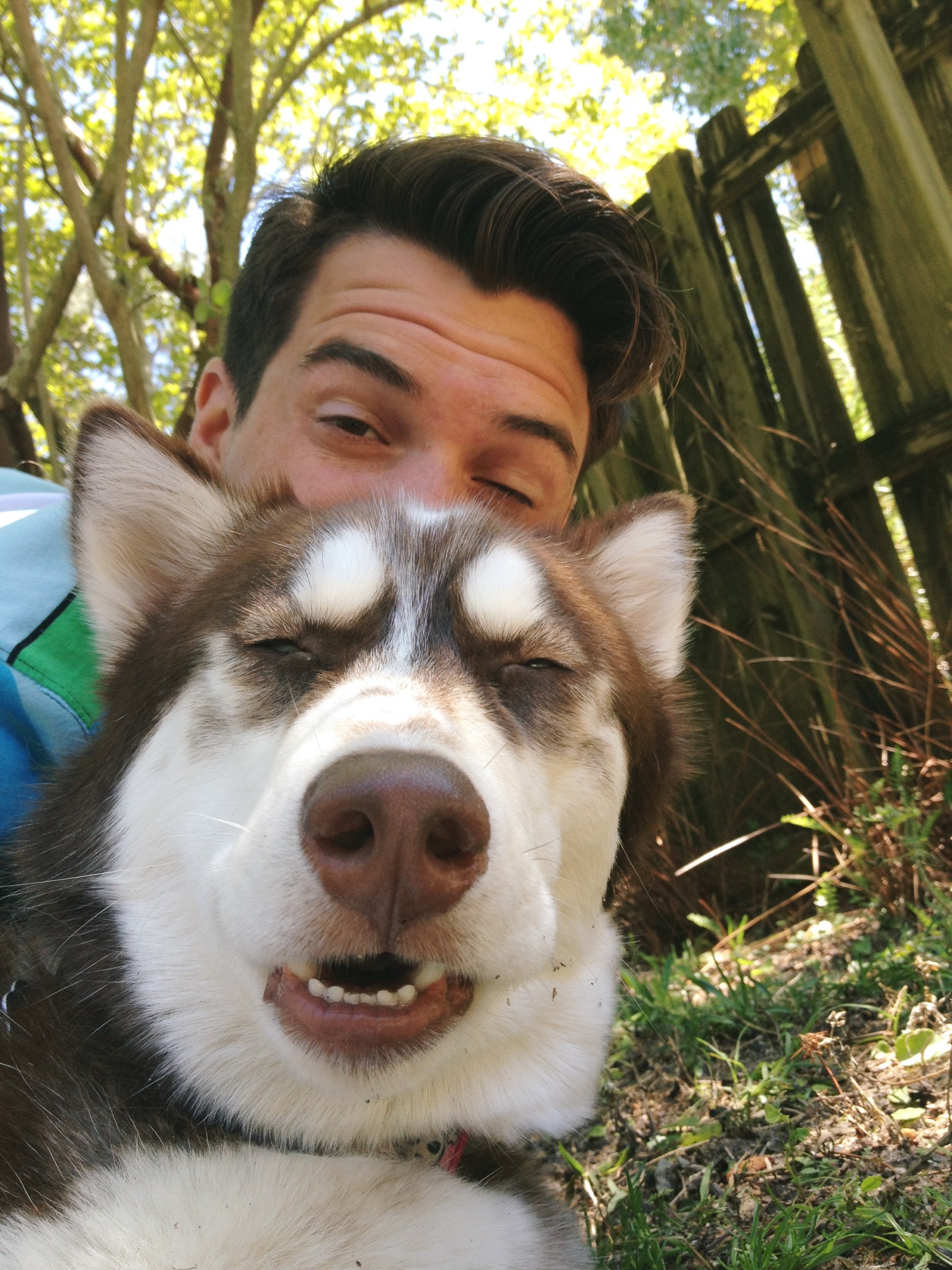 A man takes a self picture with his pet dog and his pet dog looks high off of marijuana.