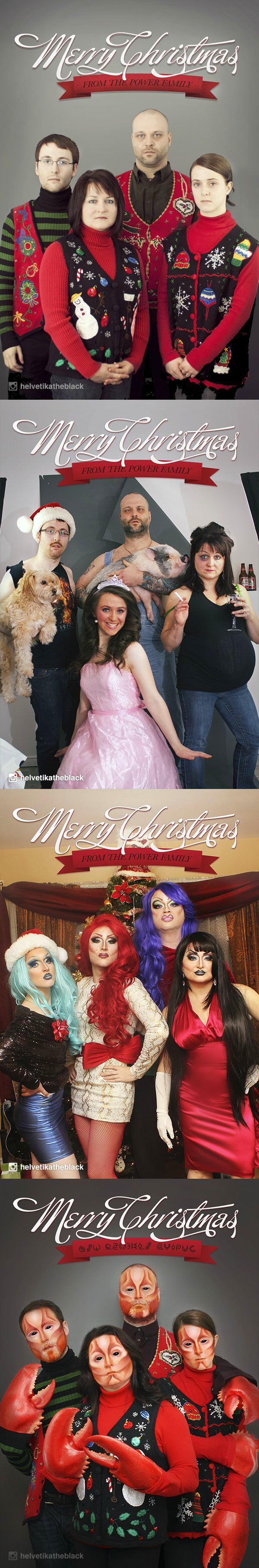 A family takes christmas photos for 4 years each with a different theme. One of them is where they are all ladies.