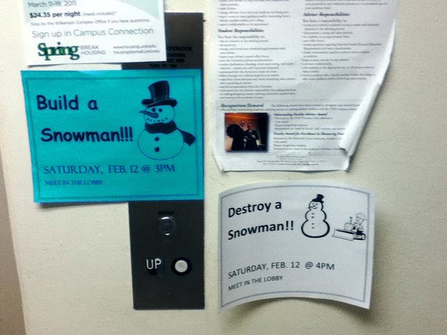 Two contrasting bulletin board ads, one is to build a snowman at 3 pm, the other is to destroy snowmen at 4 pm.