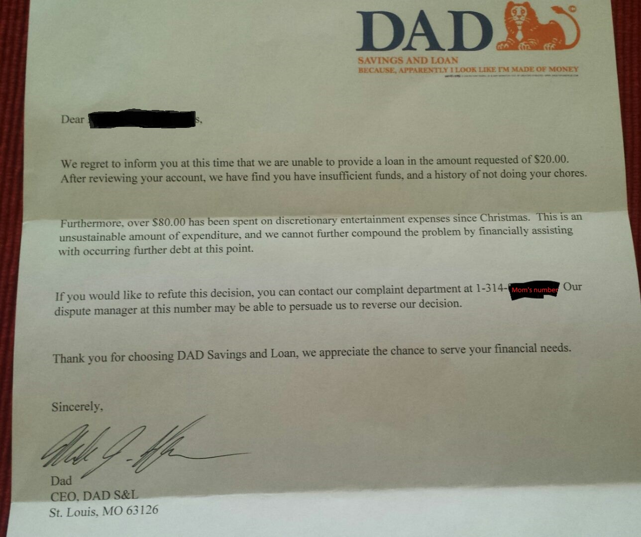 A letter looking like it came from a bank directed to the dad's child