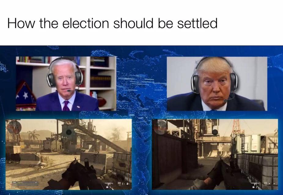 Biden and trump playing an FPS game while wearing headsets